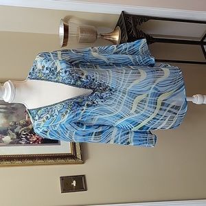 Nicole-Max blue aqua white print beaded semi sheer top Long sleeve Vneck…M NEW
